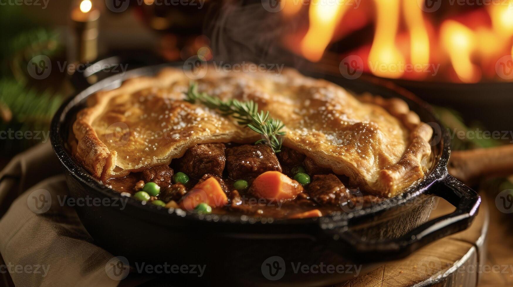 ein Medley von Bohnenkraut Aromen wartet im diese traditionell Rindfleisch Topf Kuchen. serviert heiß das sehr Kruste ist gefüllt mit zärtlich Rindfleisch Möhren und Erbsen alle gemischt im ein Reich und Bohnenkraut Soße foto