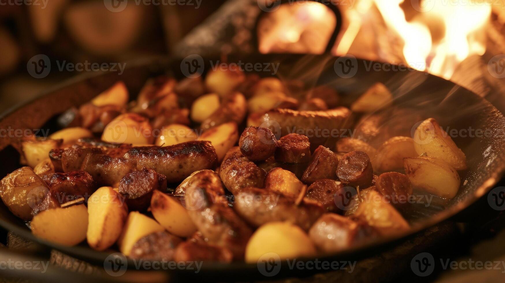 das verlockend Aroma von geröstet Würstchen und Kartoffeln Wellen durch das Luft locken hungrig Bäuche zu das Kamin. das brutzelnd Würste und golden Kartoffeln erstellen ein im Munde foto