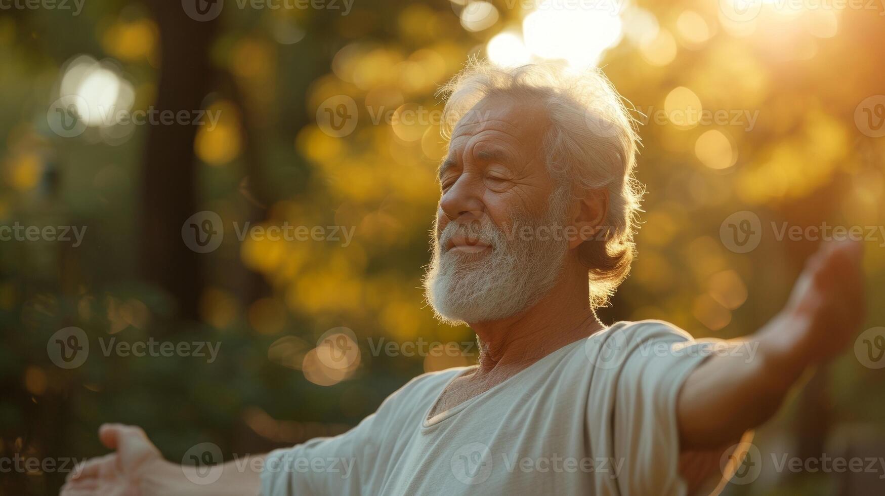 ein sanft Dehnen Routine im das Morgen bietet ein Senior Mann mit ein Sinn von Ruhe und bereitet vor ihm zum ein Tag von Entspannung und Freizeit während Pensionierung foto