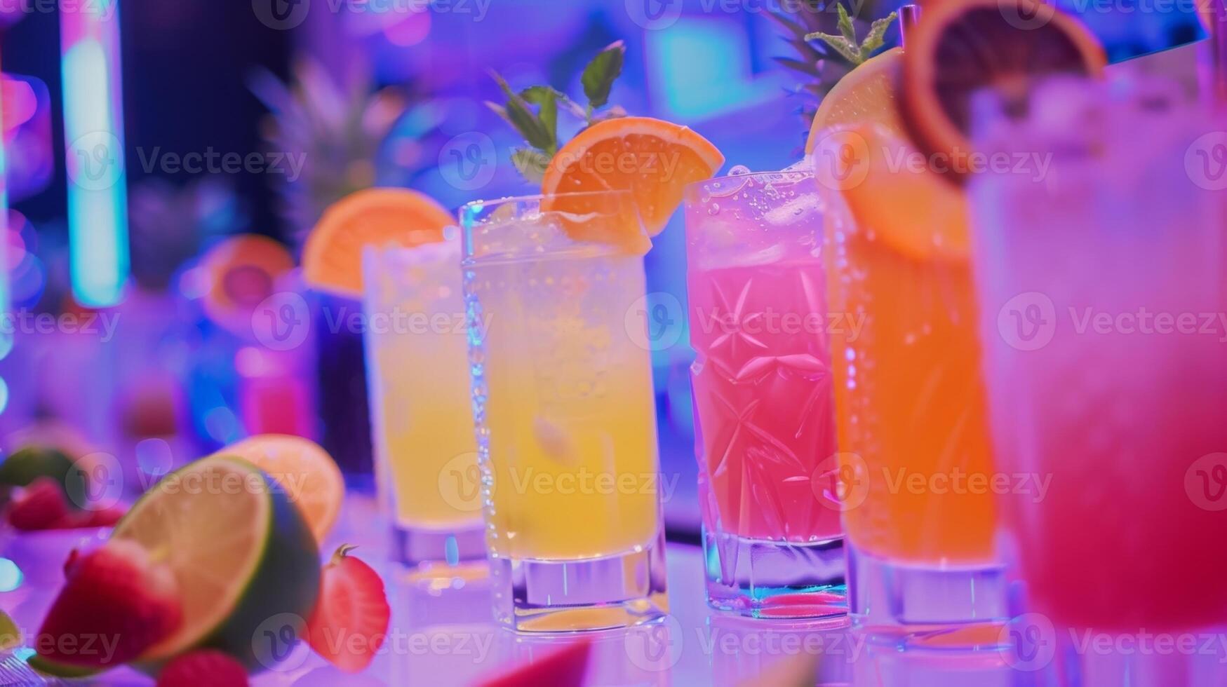 ein Anzeige von Mocktails und nicht alkoholisch Getränke serviert beim das Veranstaltung fördern ein gesünder Alternative zu traditionell Nachtclub Szenen foto