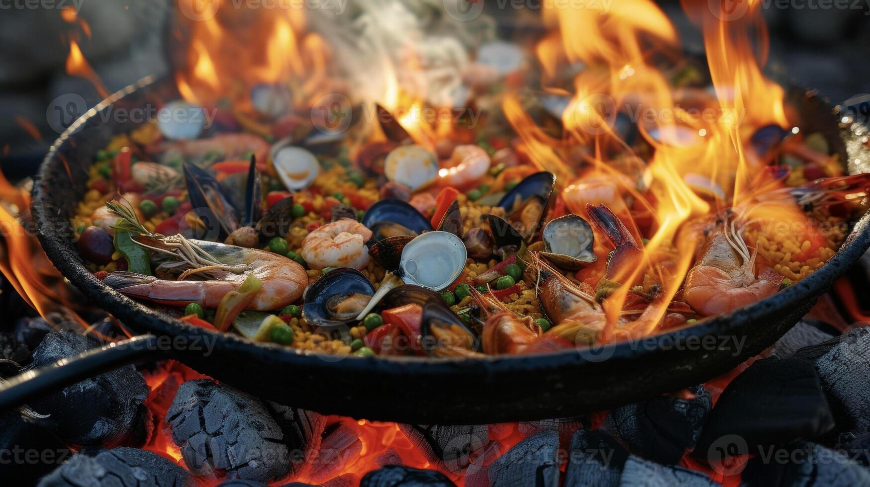 ein auffällig Bild von ein bunt und aromatisch Paella gekocht mit ein Vielfalt von frisch Meeresfrüchte und Gemüse Über heiß Kohlen. das Flammen scheinen zu tanzen mit Aufregung wie Sie wor foto