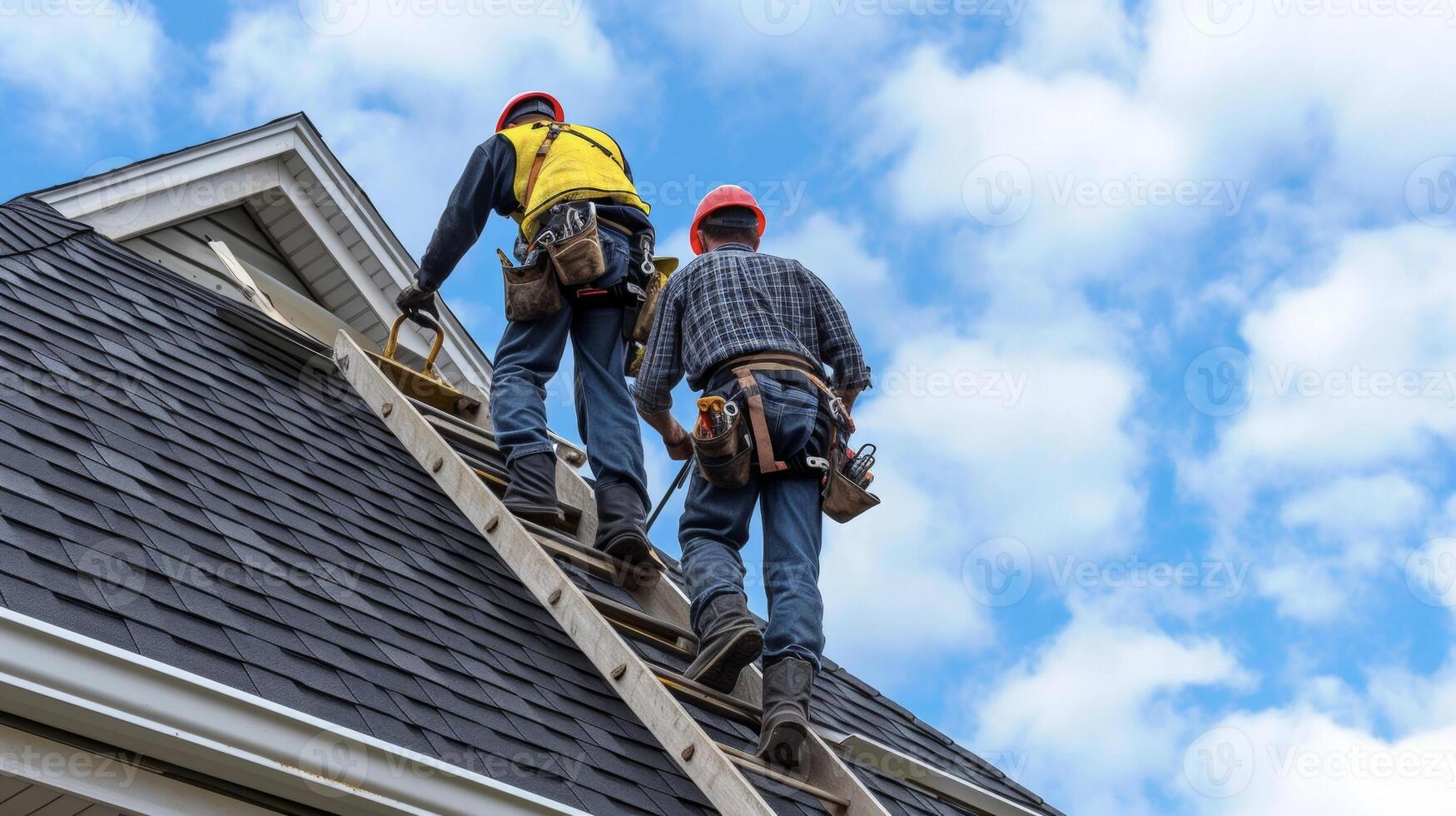 zwei Dachdecker steigen oben ein Leiter Tragen Werkzeuge und liefert wie Sie bereiten zu angehen ein herausfordernd Dach Reparatur Job auf ein mehrstöckig Haus foto
