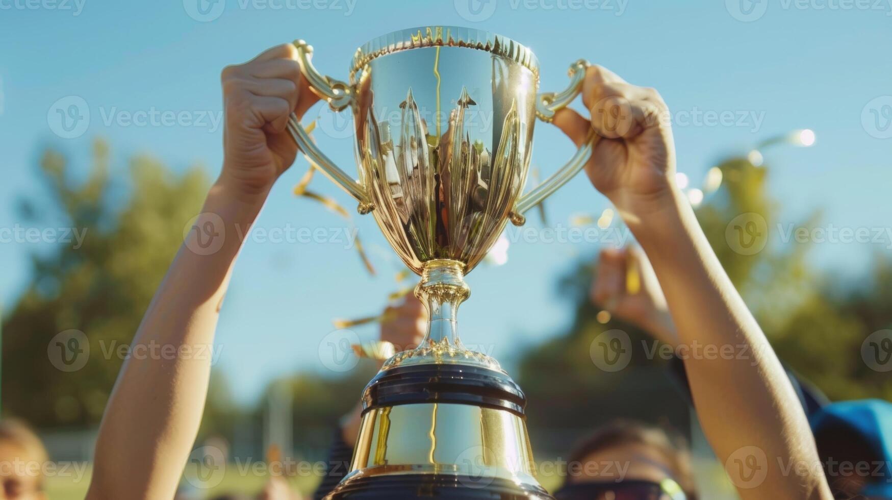 ein Sport Liga Trophäe Sein stolz gehaltenen oben durch ein Gruppe von Spieler präsentieren das Leistung und Erfolg Das können Sein erreicht durch nüchtern Beteiligung foto