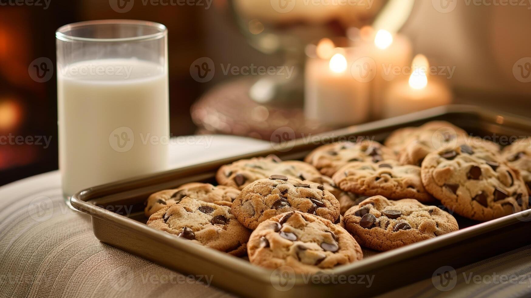 ein Tablett von frisch gebacken Kekse immer noch warm von das Ofen bereit zu Sein genossen mit ein hoch Glas von Milch während zusammengerollt oben auf das Couch foto