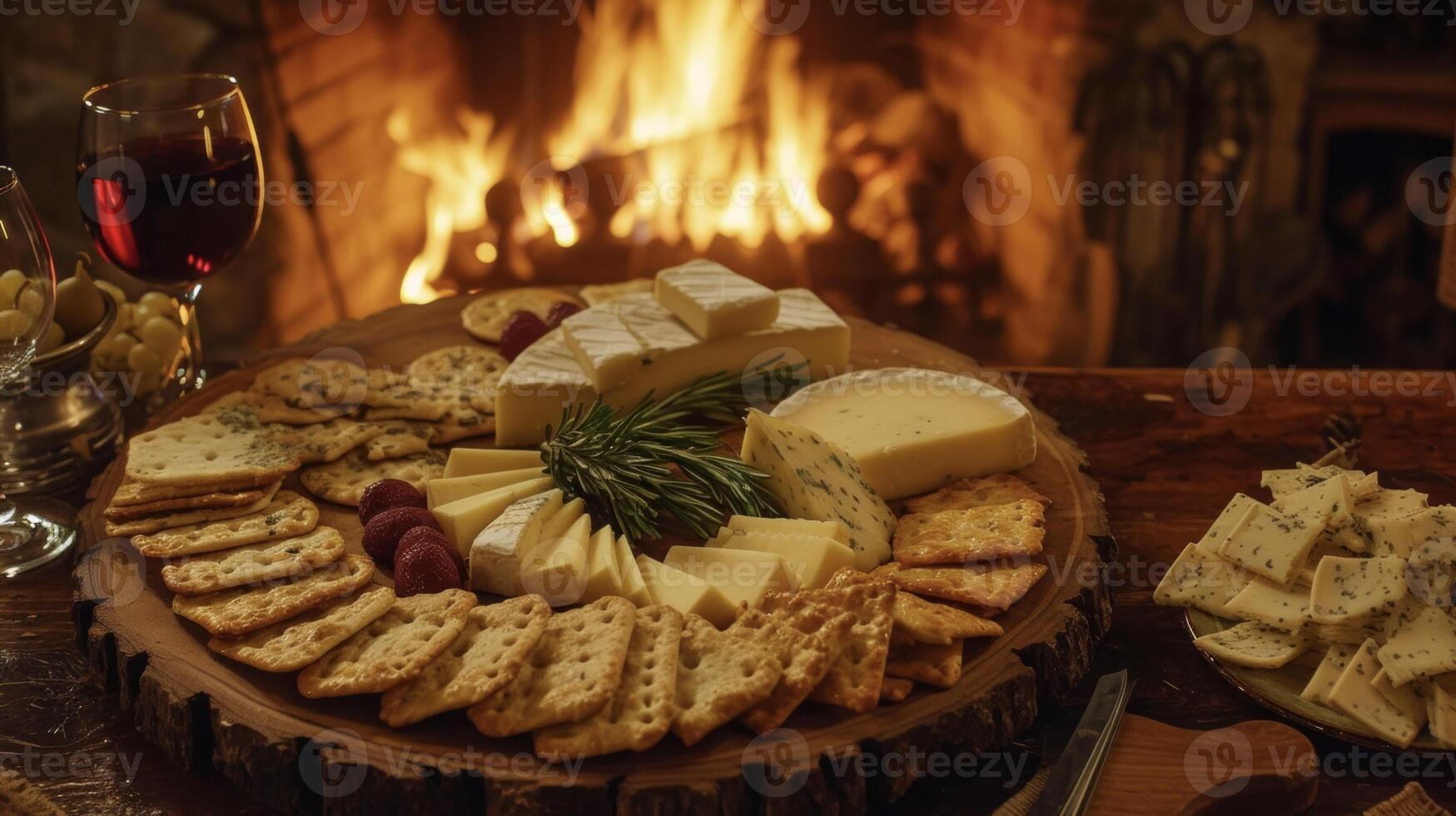 ein charmant Anzeige von Käse und Cracker vereinbart worden im ein wunderlich Muster Nächster zu ein brüllend Feuer Das fügt hinzu ein extra berühren von Wärme zu das Gericht foto