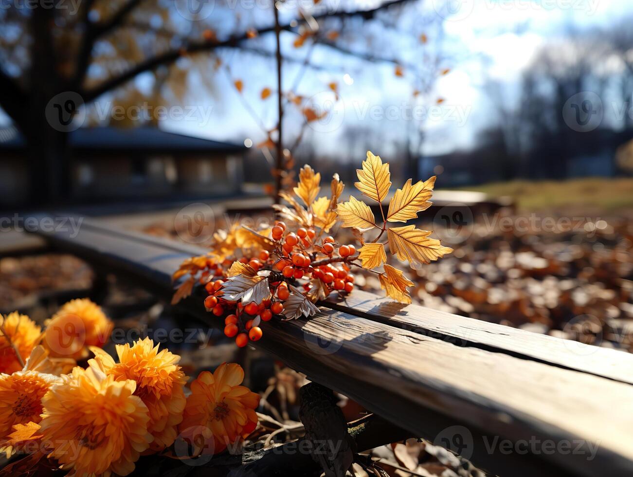 ai generiert Herbst Gelb Eberesche Blätter auf ein verschwommen Hintergrund generativ ai foto