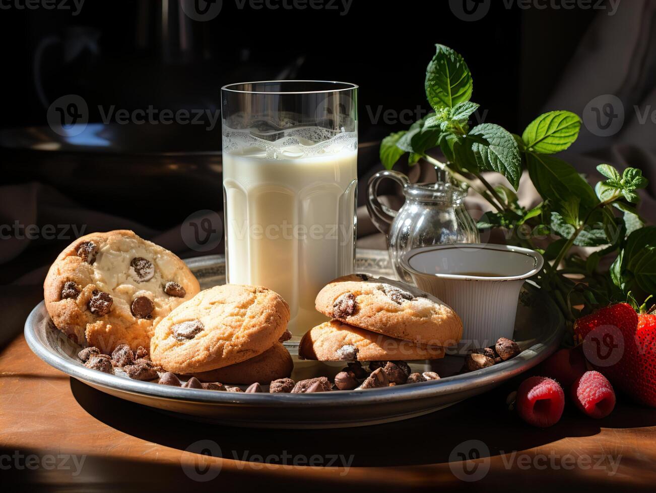 ai generiert Kekse im ein Teller und Milch auf ein verschwommen Hintergrund generativ ai foto