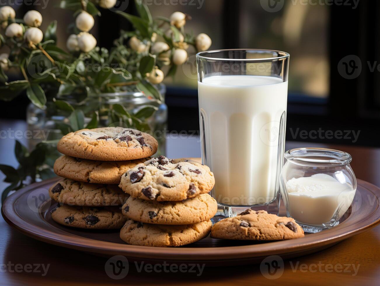 ai generiert Kekse im ein Teller und Milch auf ein verschwommen Hintergrund generativ ai foto