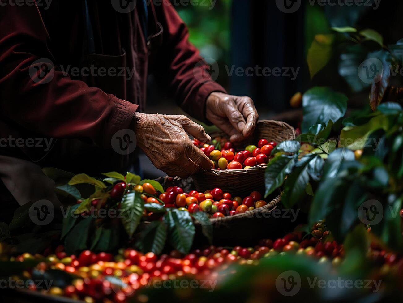 ai generiert Hand pflücken Kaffee Nahansicht generativ ai foto