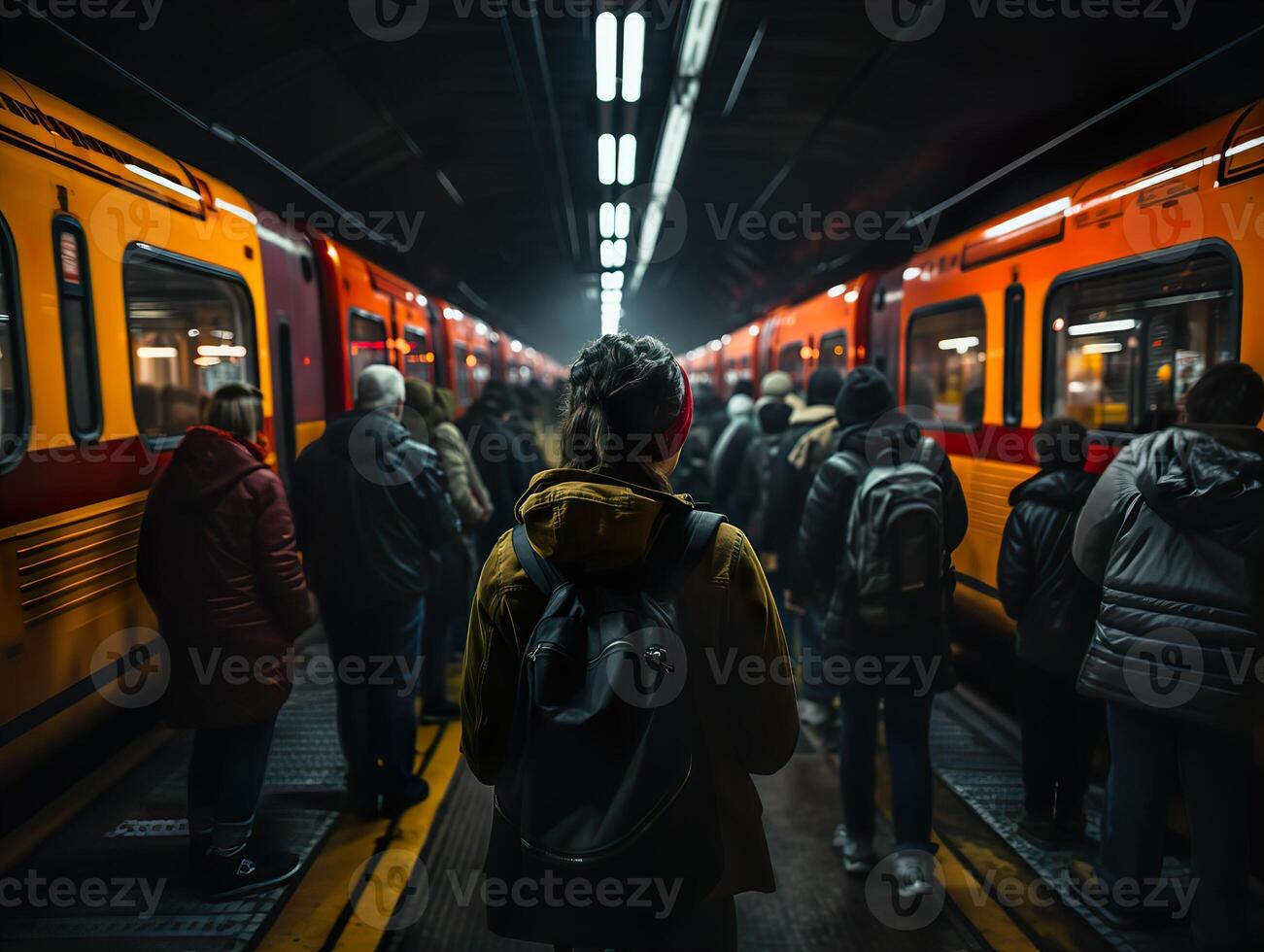 ai generiert fließen von Menschen im das U-Bahn generativ ai foto
