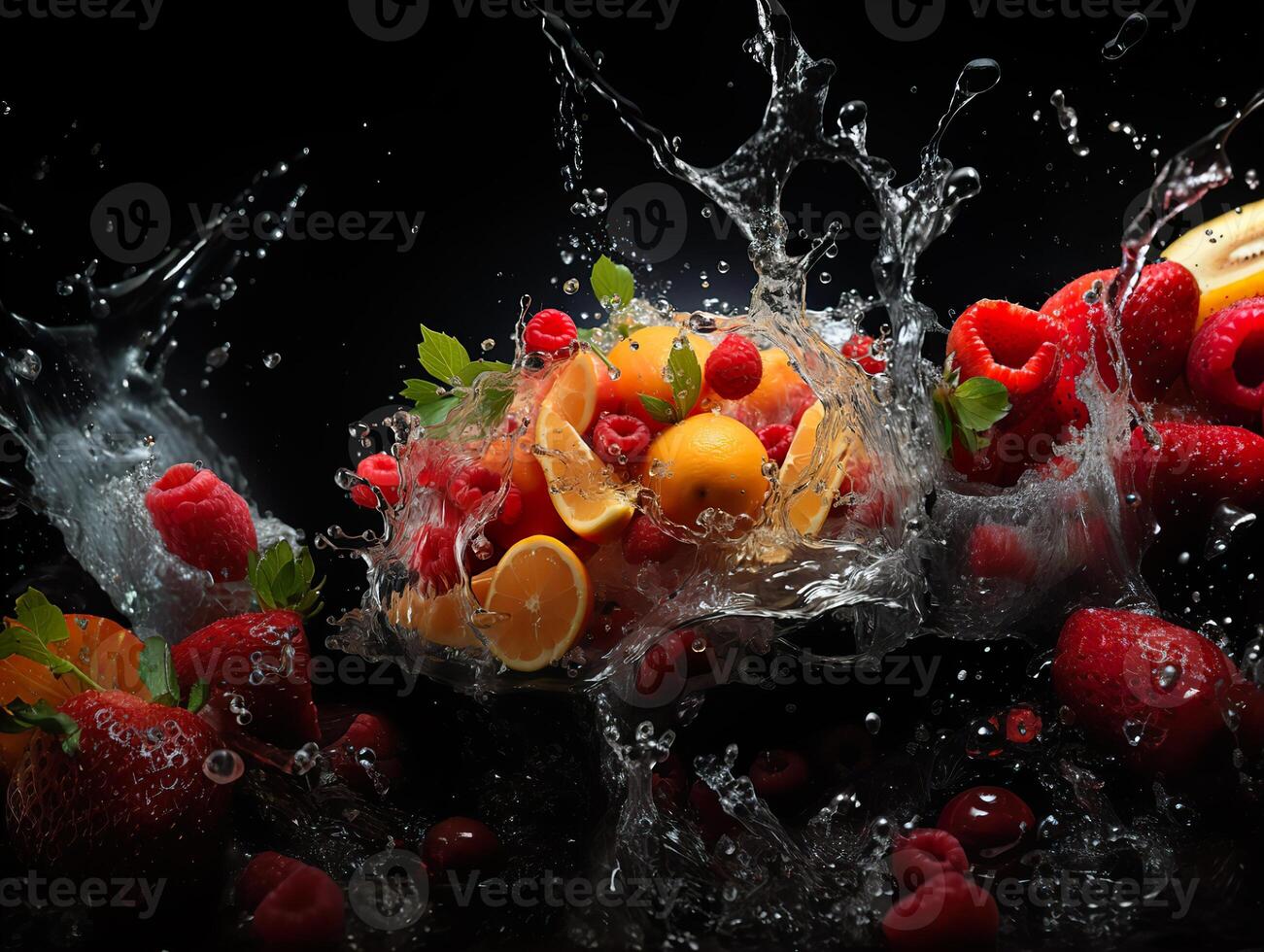 ai generiert erfrischend Spritzen von Obst und Zitrusfrüchte generativ ai foto