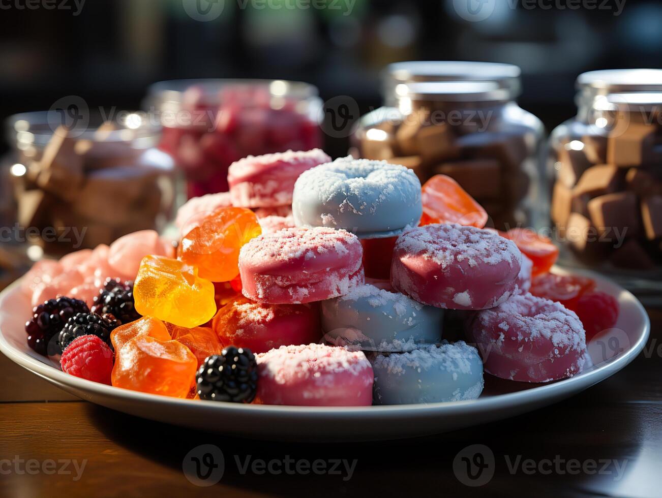 ai generiert sortiert verschiedene Süßigkeiten im ein Teller generativ ai foto