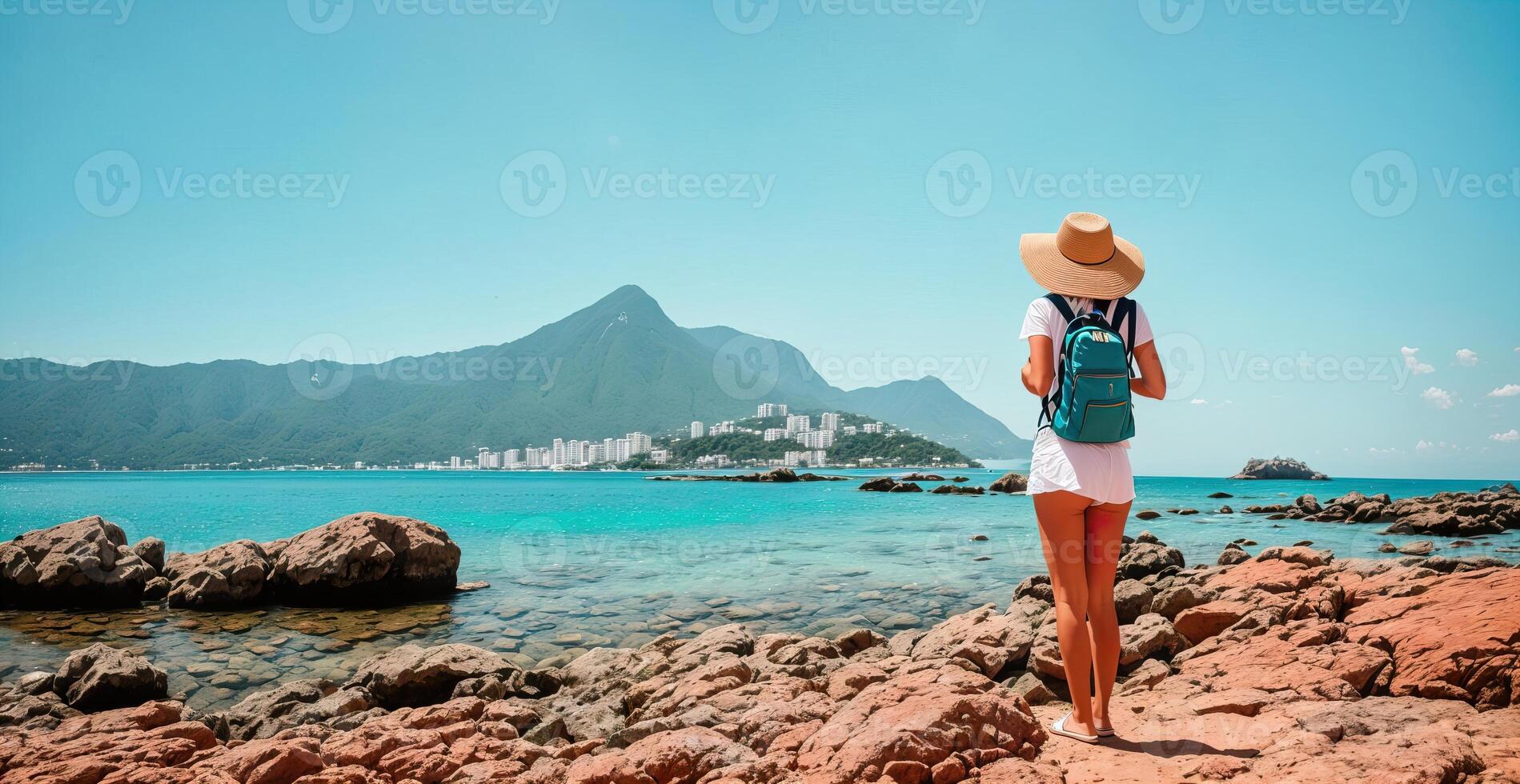 ai generiert ein Mädchen mit ein Rucksack auf das Stein Küste gegen das Hintergrund von das azurblau Meer generativ ai foto