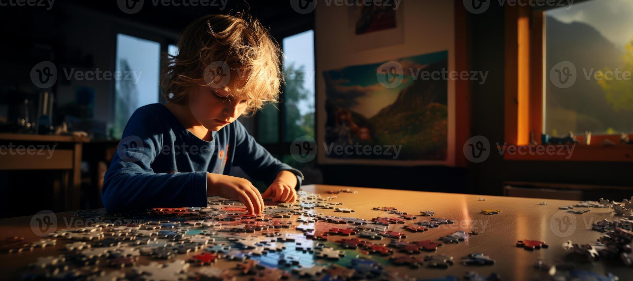 ai generiert ein Kind sammelt Rätsel im seine Zimmer generativ ai foto