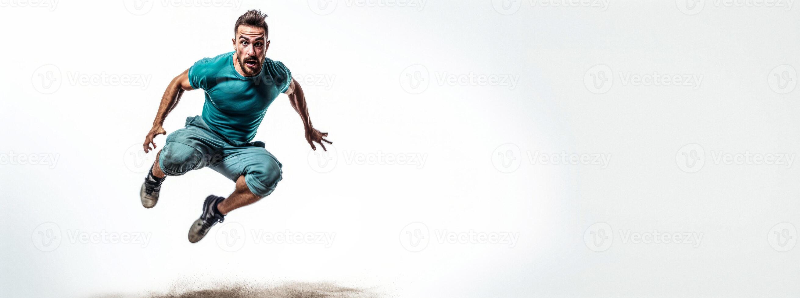 ai generiert Athlet Springen auf ein Weiß Hintergrund generativ ai foto