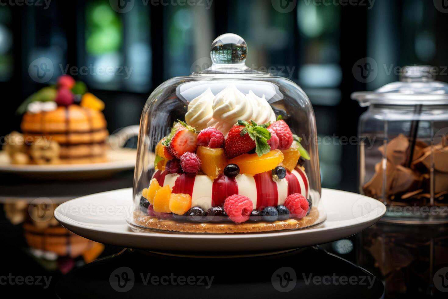 ai generiert köstlich Dessert unter ein Glas Startseite generativ ai foto
