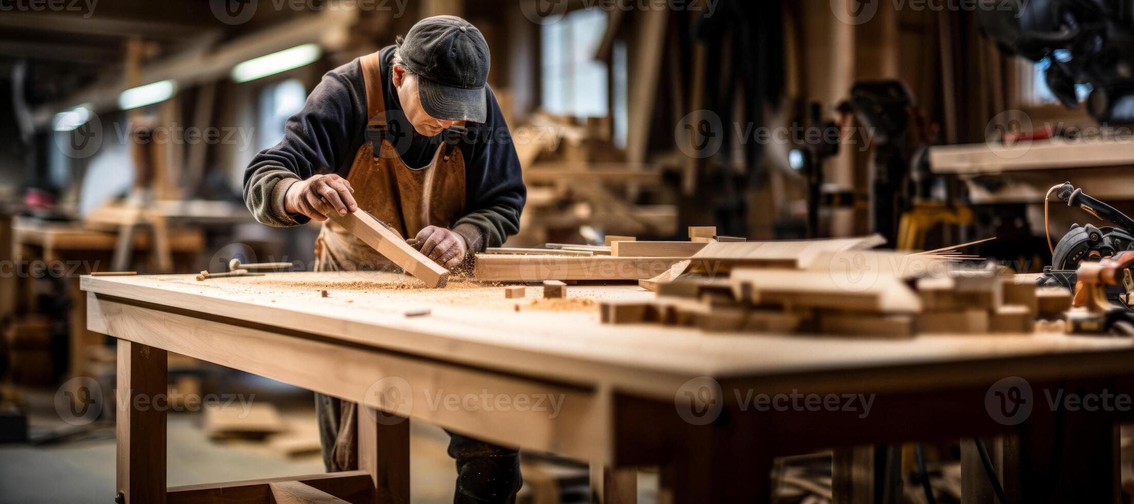 ai generiert Zimmermann wird bearbeitet Holz im das Werkstatt generativ ai foto