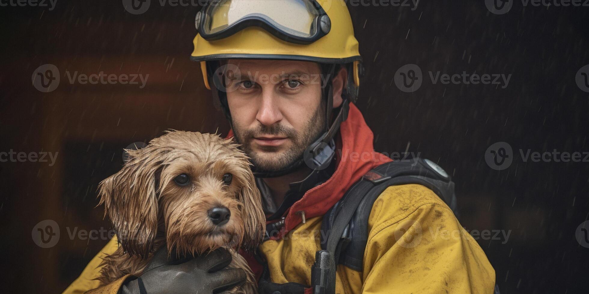 ai generiert Feuerwehrmann trägt Hund aus von Feuer generativ ai foto