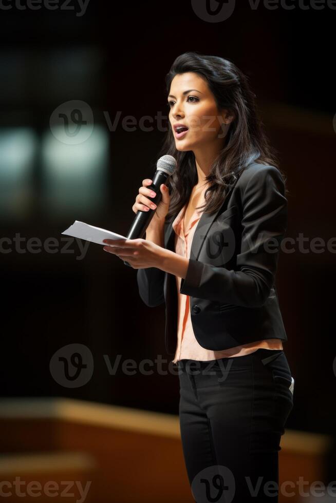 Frau mit Mikrofon beim Öffentlichkeit Sprechen foto