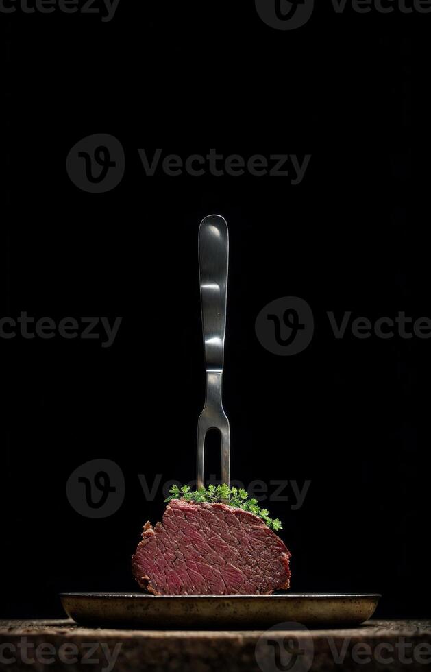 saftig Steak auf ein Gabel mit auf ein schwarz Hintergrund foto