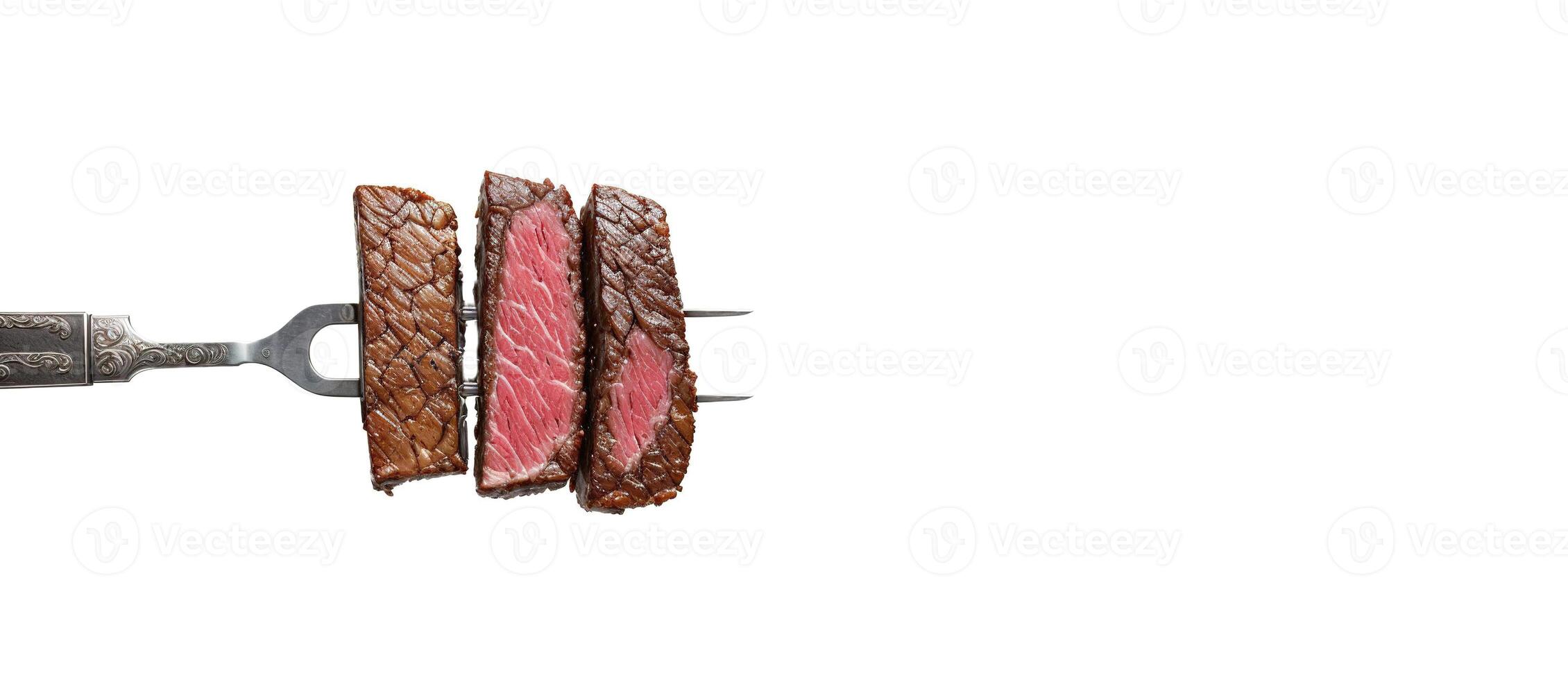 saftig Steak auf ein Gabel auf ein Weiß Hintergrund Banner foto