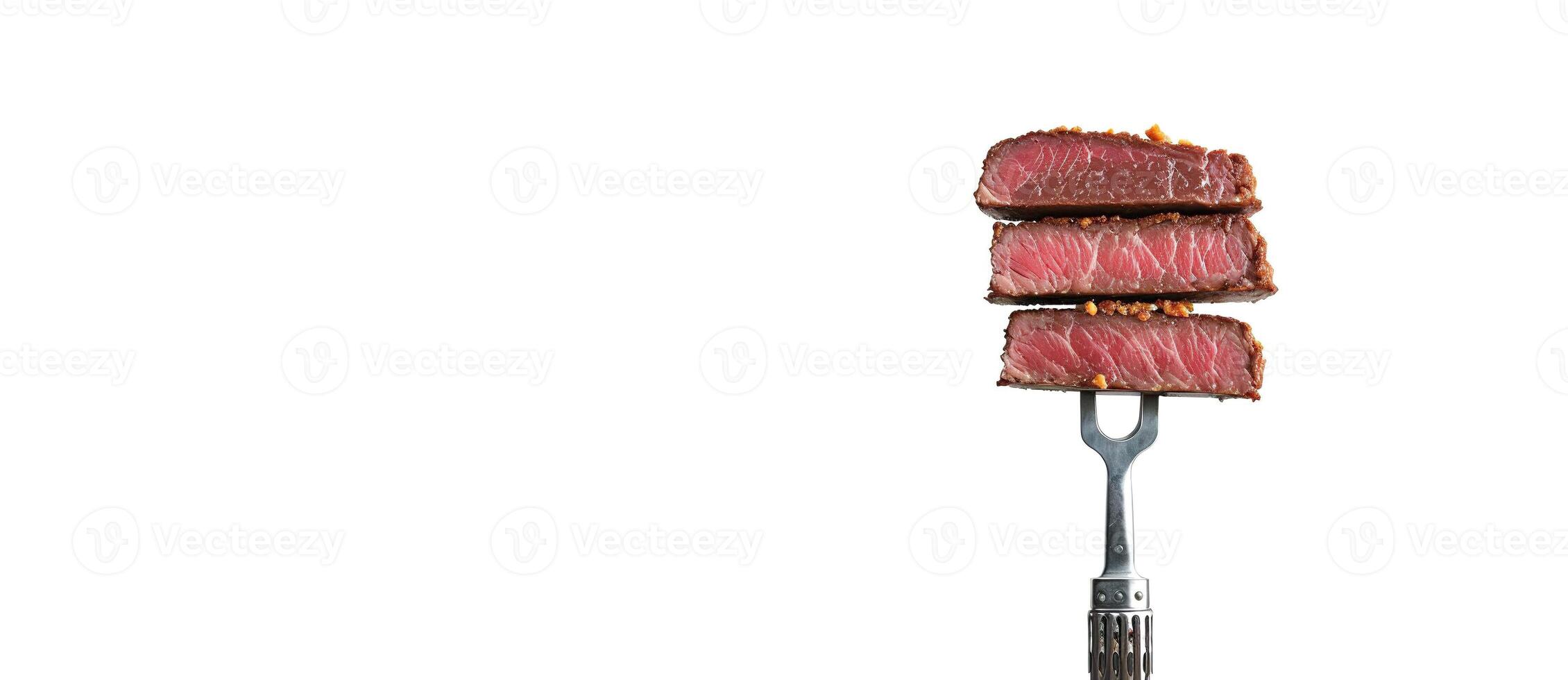 saftig Steak auf ein Gabel auf ein Weiß Hintergrund Banner foto