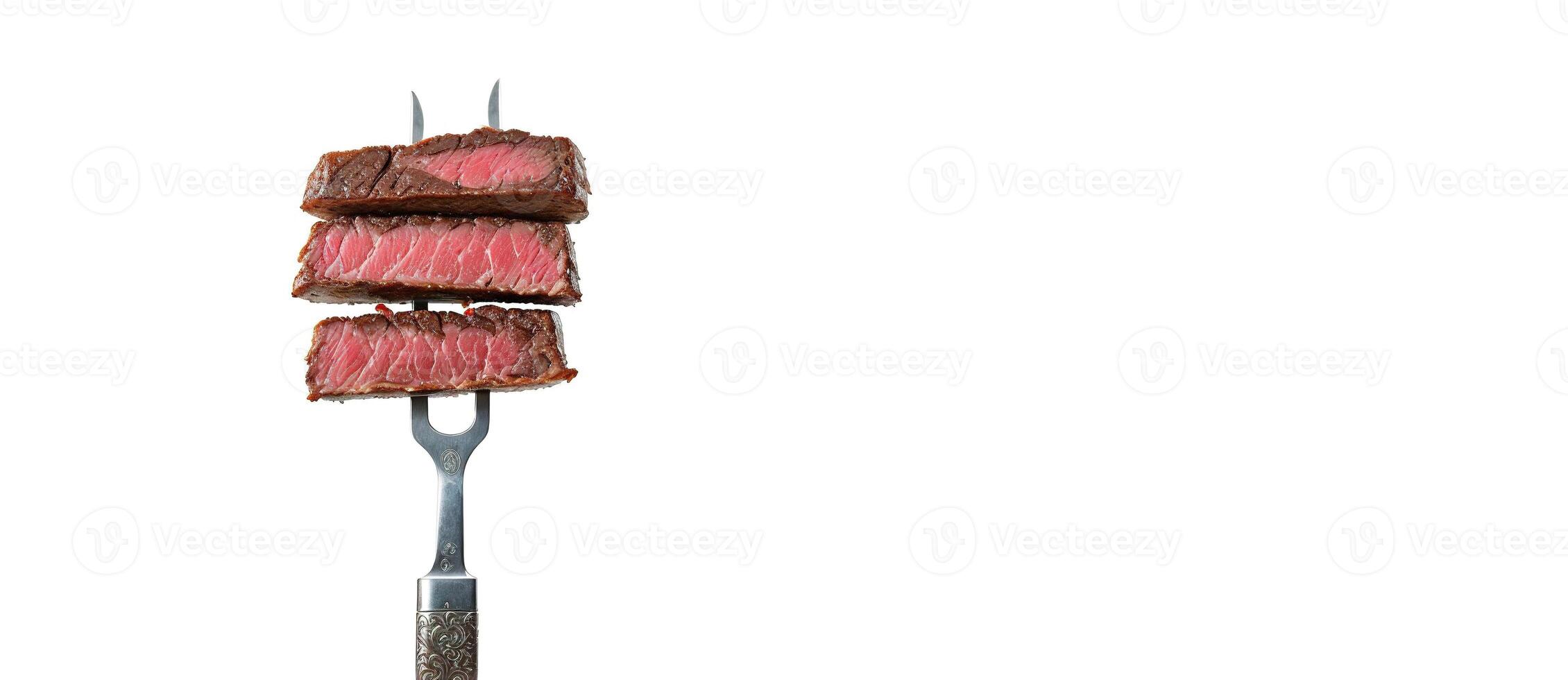 saftig Steak auf ein Gabel auf ein Weiß Hintergrund Banner foto