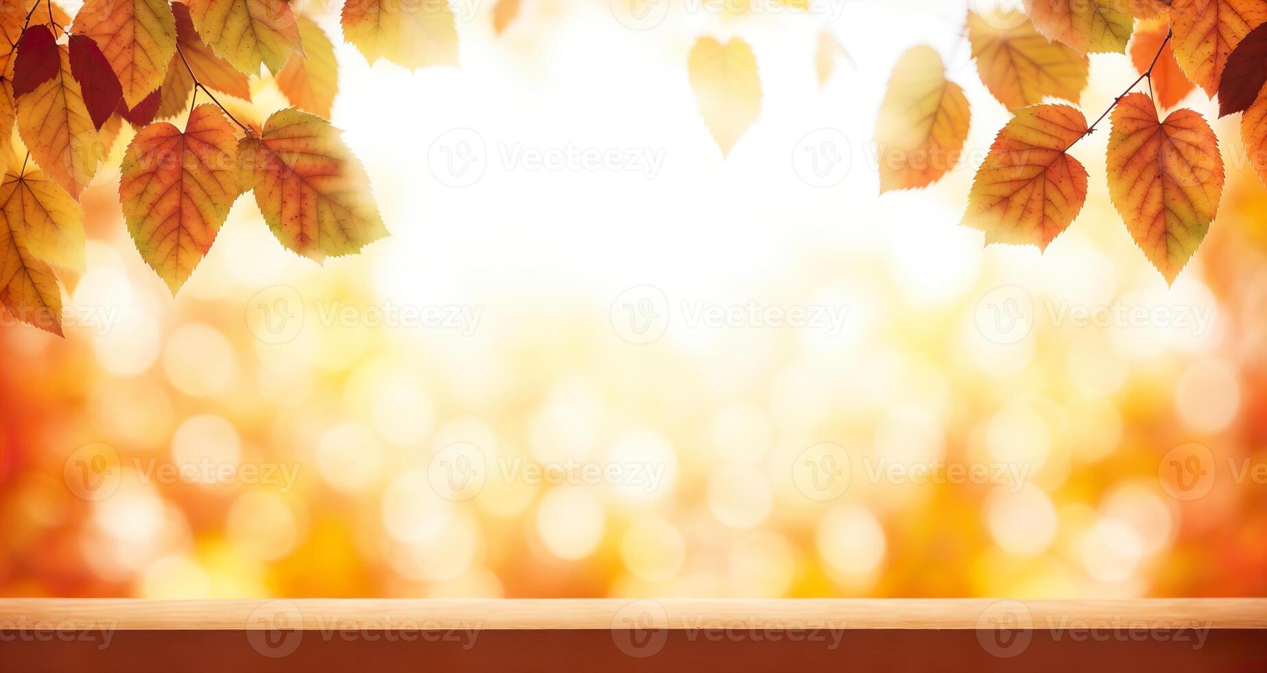ein Holz Tabelle Produkt Anzeige auf golden braun Herbst Hintergrund von Blätter foto