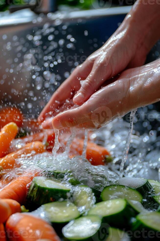 Hände waschen Gemüse planschen Wasser foto