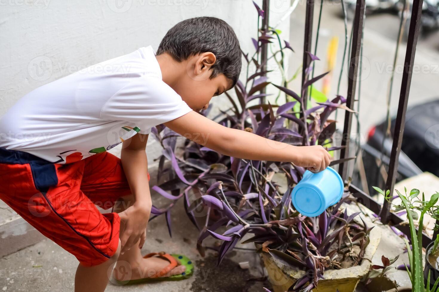 süß 5 Jahr alt asiatisch wenig Junge ist Bewässerung das Pflanze im das Töpfe gelegen beim Haus Balkon, Liebe von Süss wenig Junge zum das Mutter Natur während Bewässerung in Pflanzen, Kind Pflanzen foto