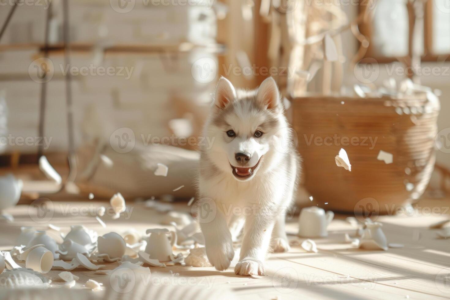 sibirisch heiser, gebrochen Vase Fragmente von Porzellan um das Hund im ein modern Haus Leben Zimmer Bereich foto