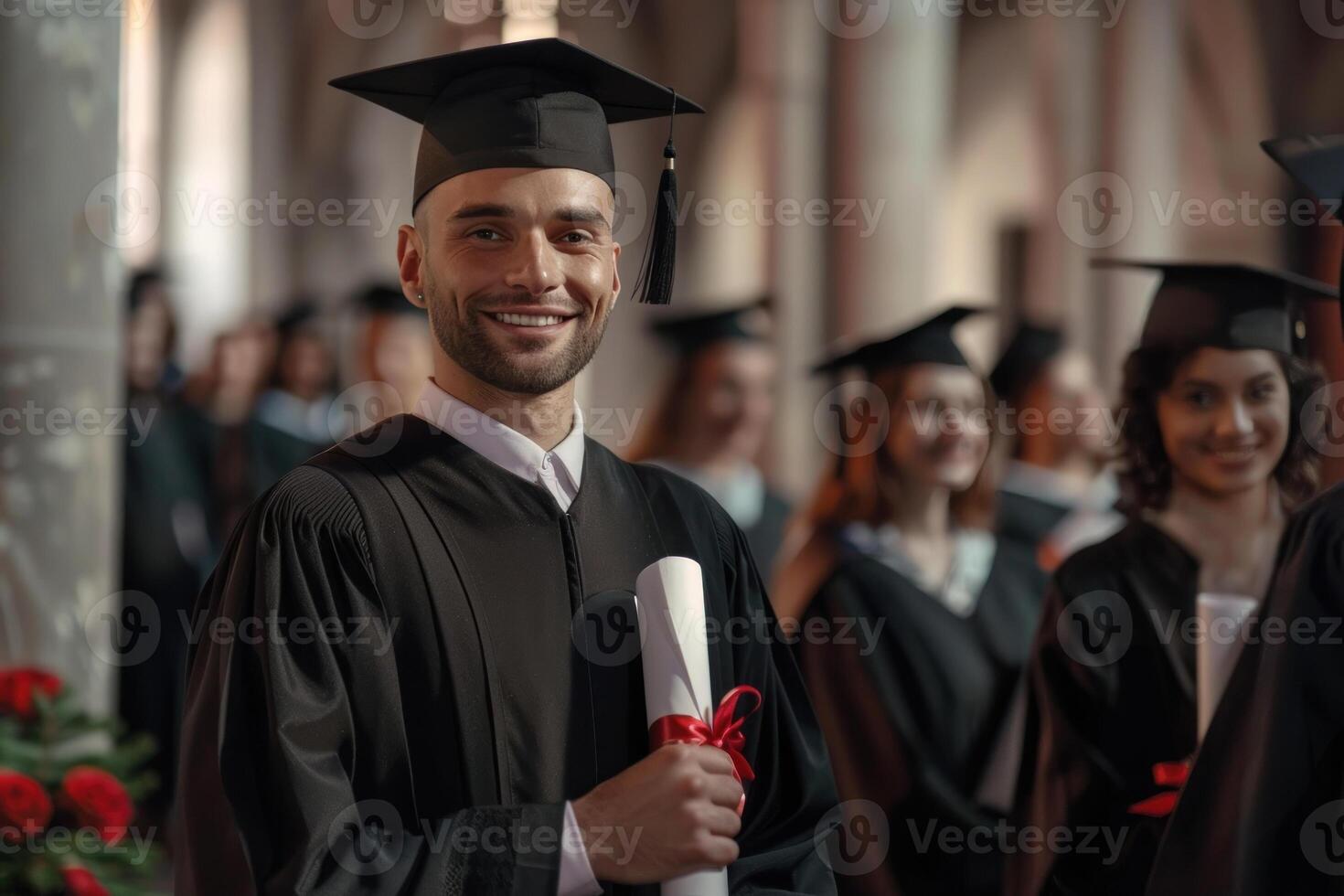 ein Mann im ein Abschluss Kleid halten ein Diplom foto