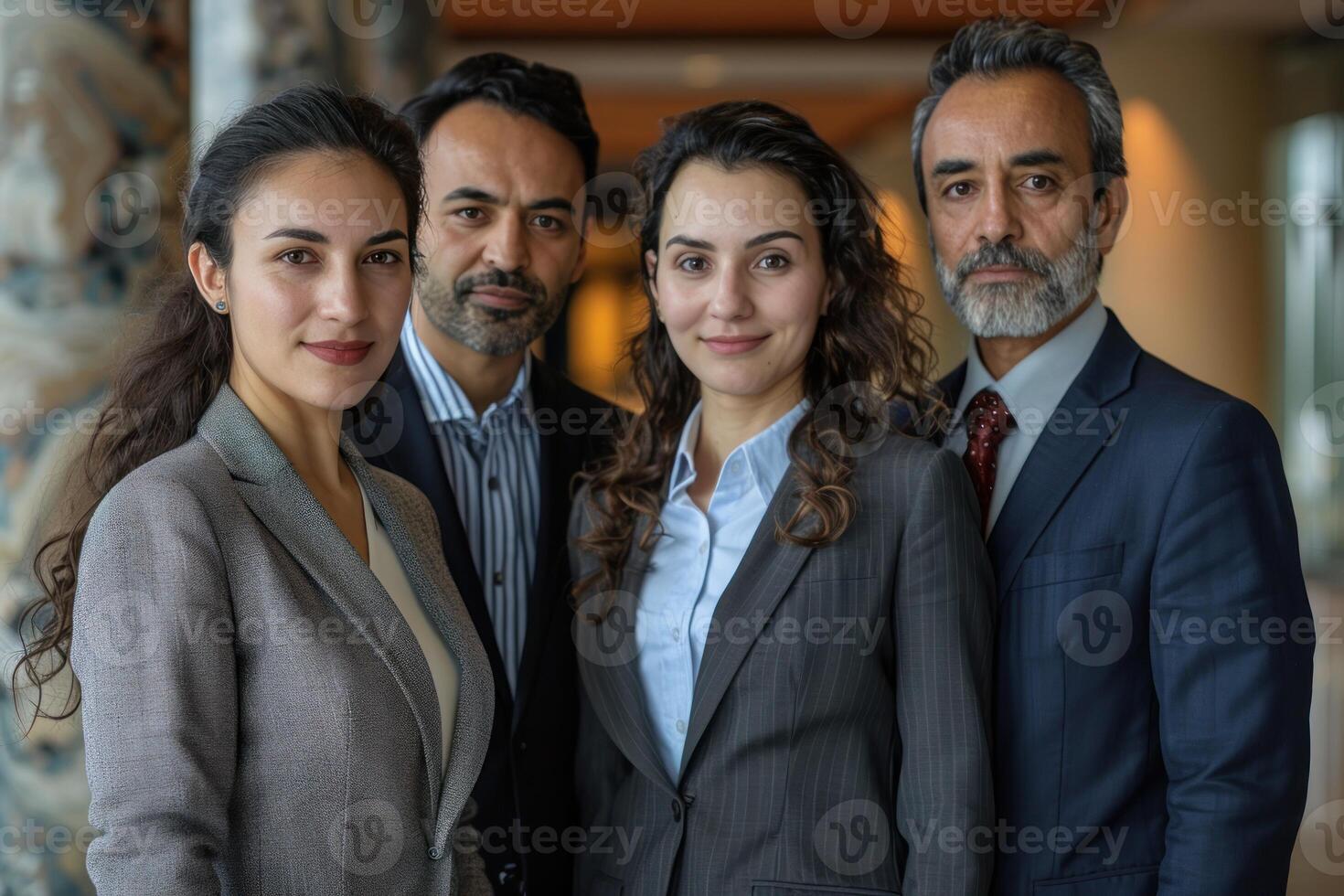 ein Gruppe von vier Menschen sind posieren zum ein Foto im Anzüge