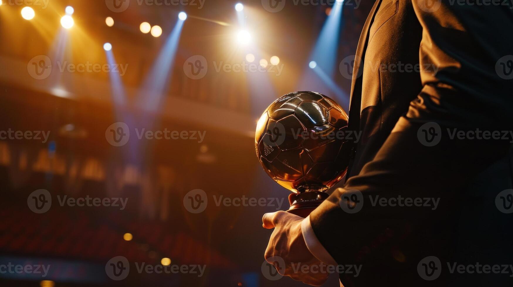 ein Mann ist halten ein Gold Fußball Ball im seine Hand foto