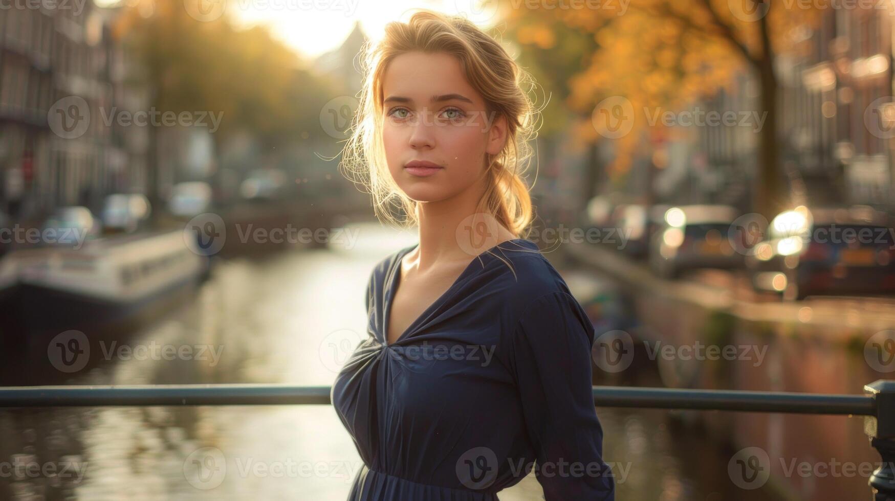 ein Frau im ein Blau Kleid steht auf ein Brücke mit Blick auf ein Kanal foto