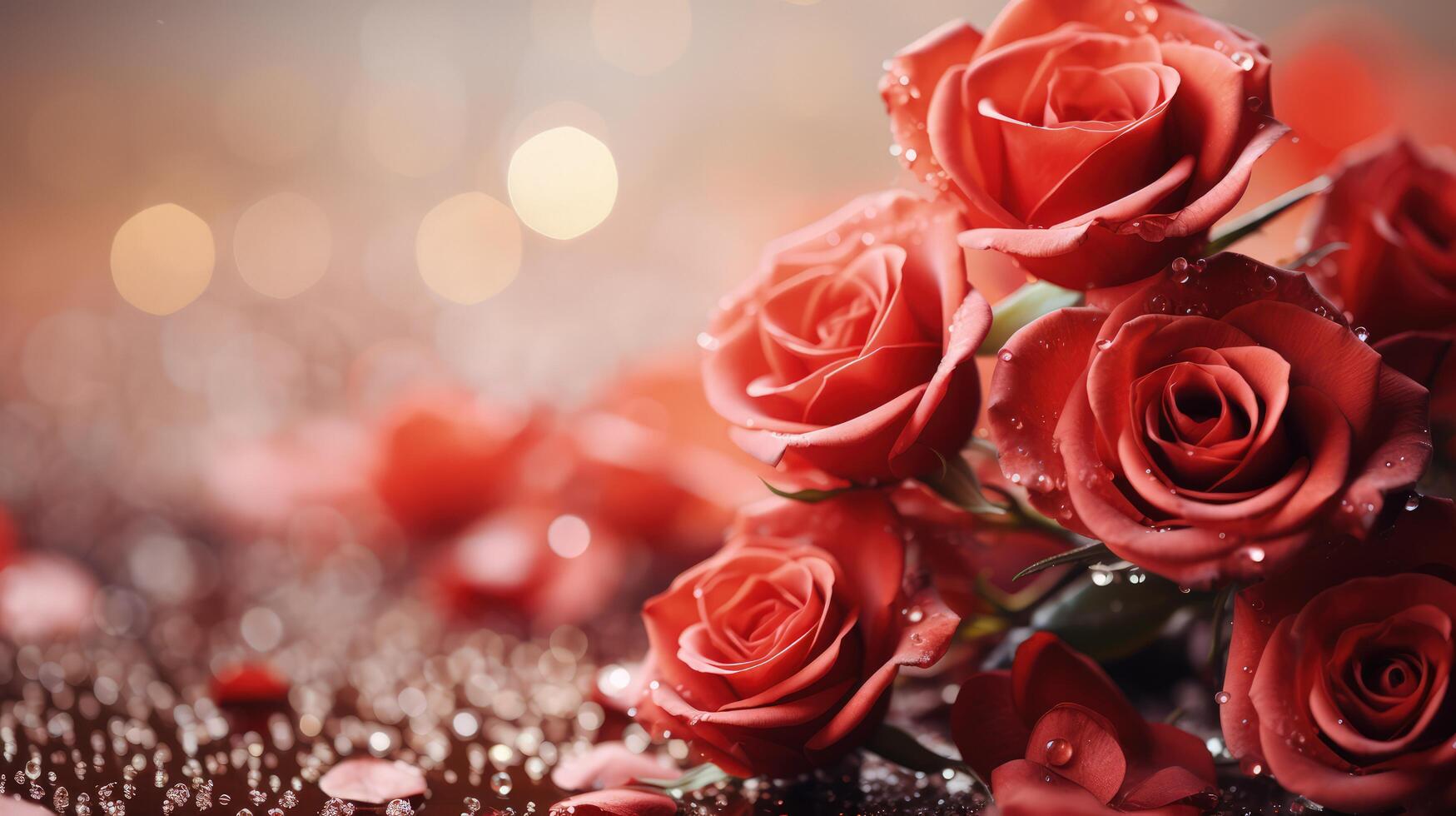 rot Rosen mit Tautropfen auf Blütenblätter, schön vereinbart worden gegen ein Bokeh Hintergrund. romantisch und elegant, diese Bild erfasst das Wesen von Liebe, Herstellung es perfekt zum Valentinsgrüße Tag oder romantisch foto