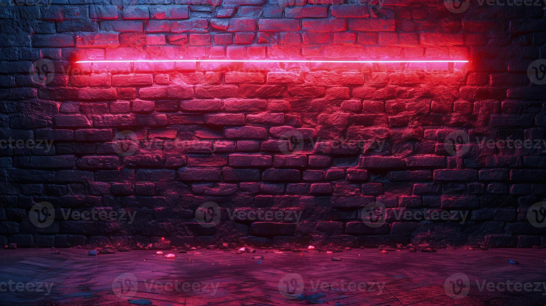 ein eindringlich atmosphärisch Szene mit ein Neon- rot glühen leuchten das dunkel, texturiert Oberfläche von ein städtisch Backstein Wand, Gießen ein lebendig Ambiente. foto