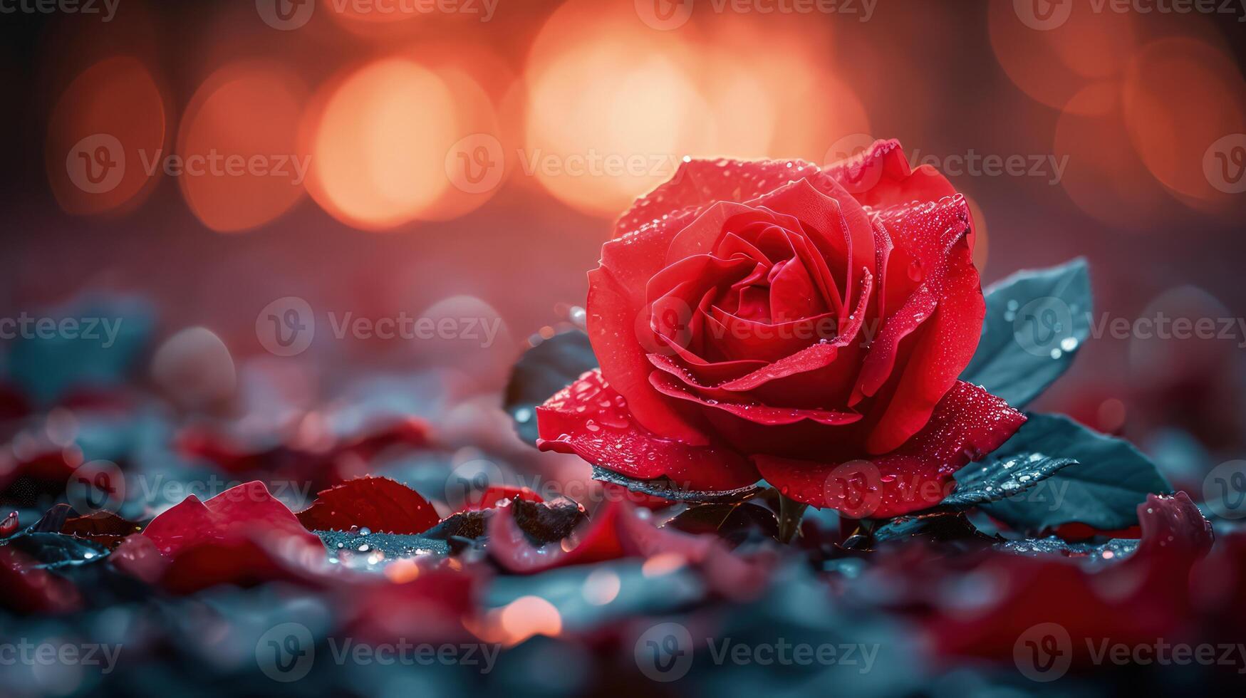 Nahansicht von ein rot Rose mit Tautropfen umgeben durch Blütenblätter, einstellen gegen ein verträumt, Bokeh-beleuchtet Hintergrund. perfekt zum romantisch Themen, Valentinstag Tag, Liebe, und Natur. elegant und atmosphärisch. foto