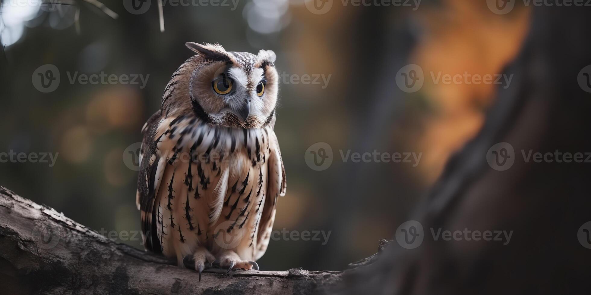 Eule Vogel Sitzung auf ein banch Baum. wil Leben Natur draussen Wald Hintergrund Landschaft Szene foto