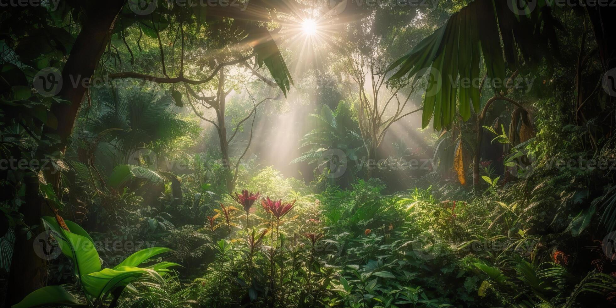 tropisch Regen Urwald tief Wald mit beab Strahl Licht leuchtenden. Natur draussen Abenteuer Stimmung Szene Hintergrund Aussicht foto