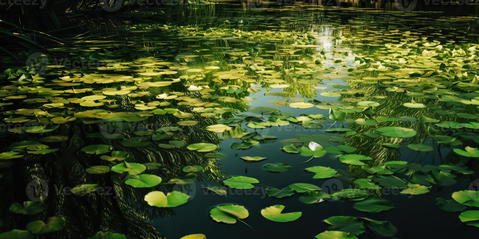 Grün Blätter auf Teich Fluss See Landschaft Hintergrund Aussicht foto