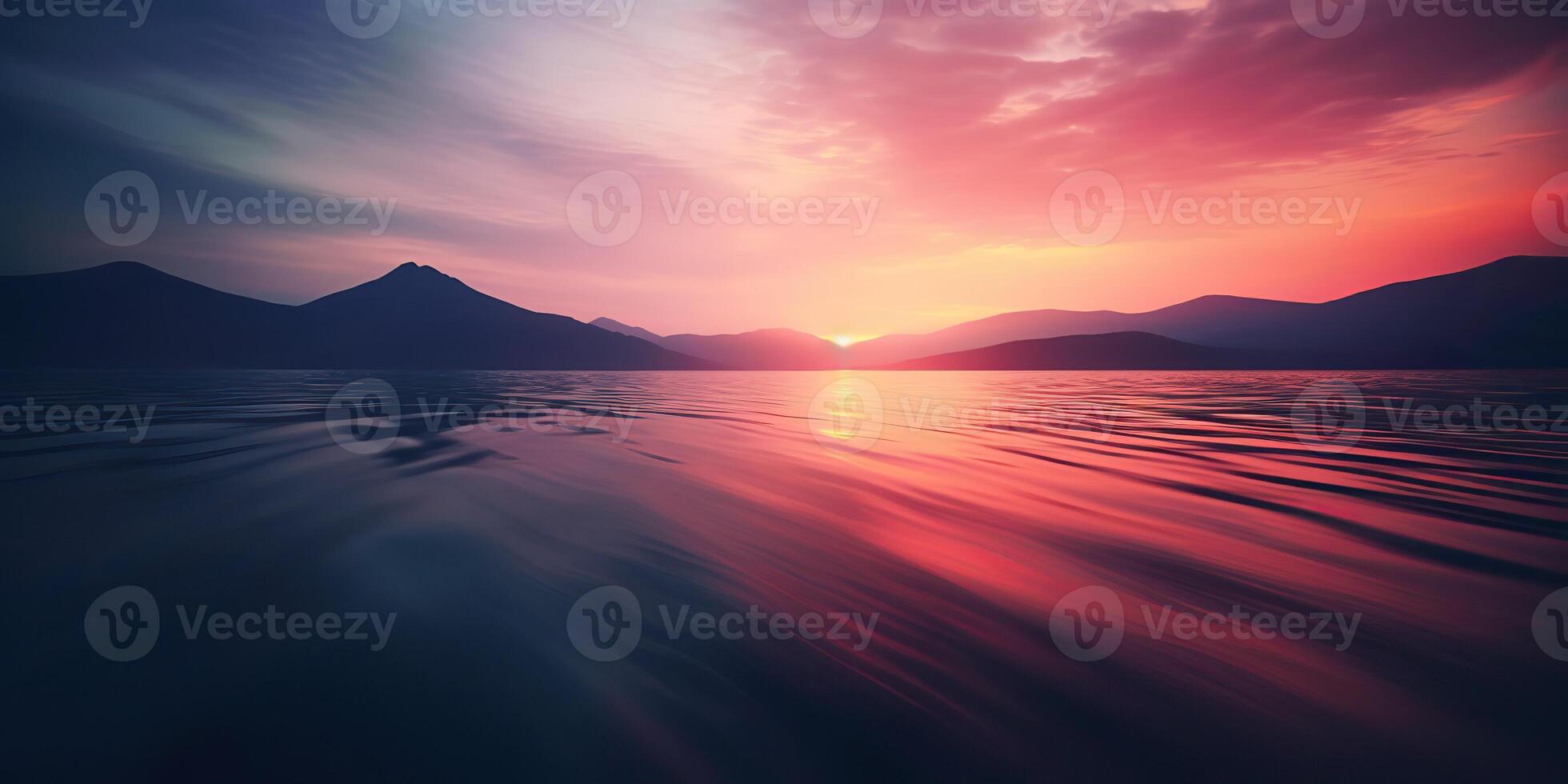 Natur draussen Sonnenuntergang Über See Meer mit Berge Hügel Landschaft Hintergrund, Rosa verwischen aus von Fokus Aussicht foto