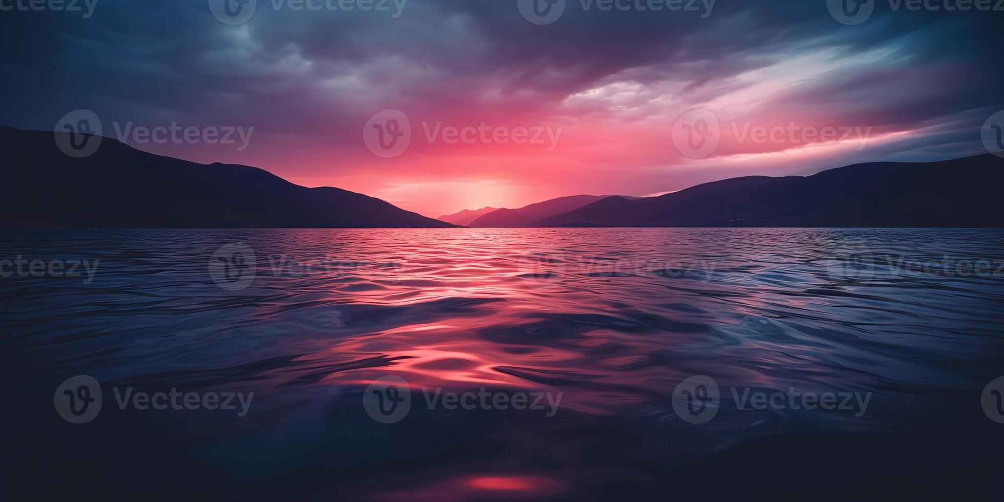 Natur draussen Sonnenuntergang Über See Meer mit Berge Hügel Landschaft Hintergrund, Rosa verwischen aus von Fokus Aussicht foto