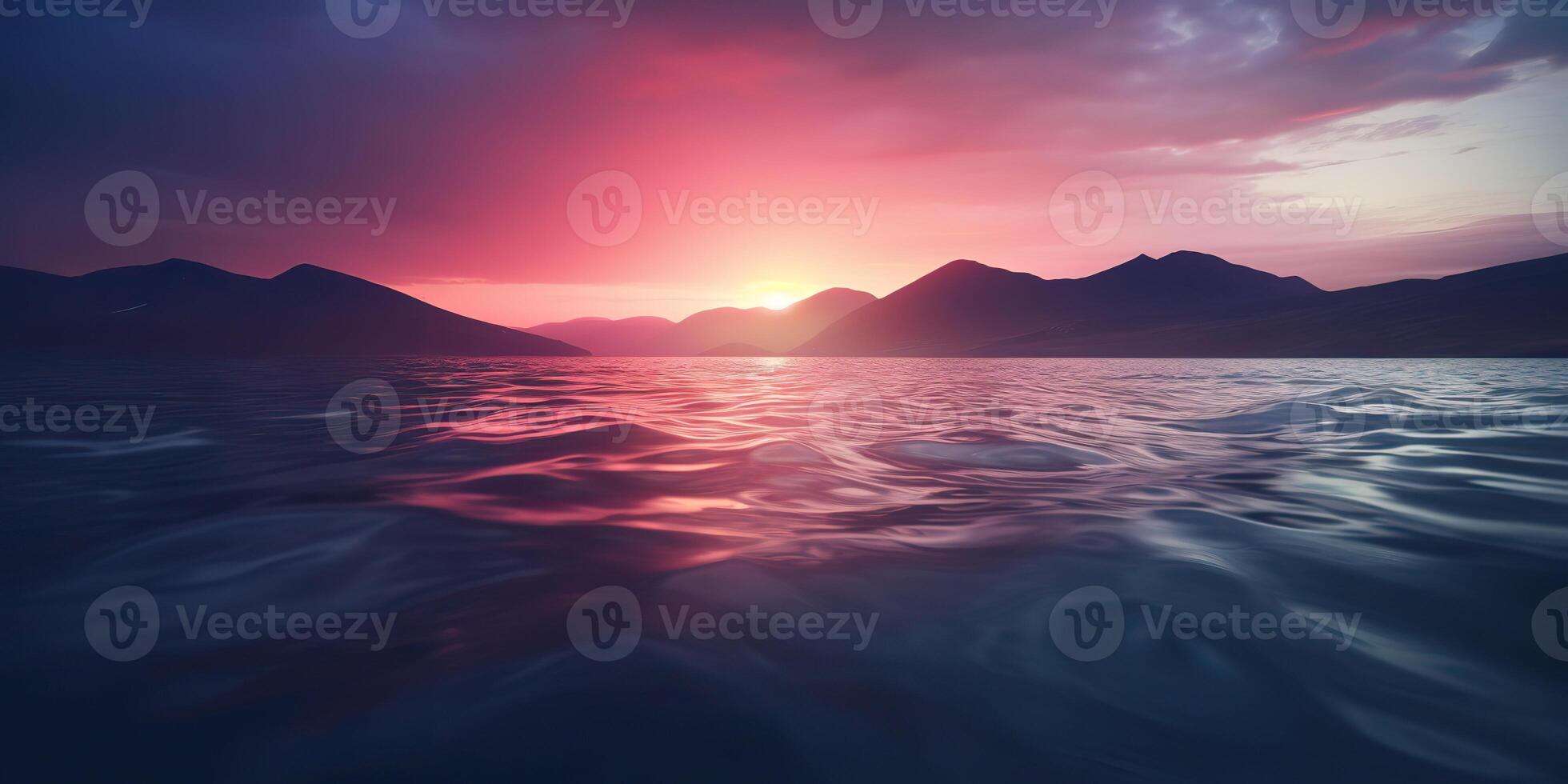 Natur draussen Sonnenuntergang Über See Meer mit Berge Hügel Landschaft Hintergrund, Rosa verwischen aus von Fokus Aussicht foto