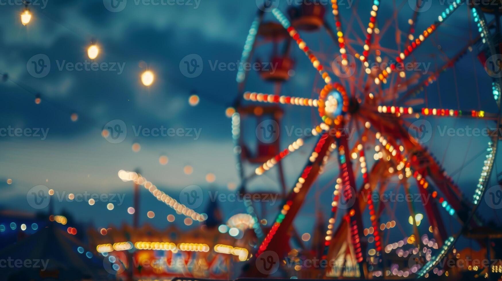 das Ferris Rad und andere Fahrten Kommen Sie zu Leben wie das ling Beleuchtung erleuchten das Verdunkelung Himmel geben das Messe ein zauberhaft und magisch Ambiente foto