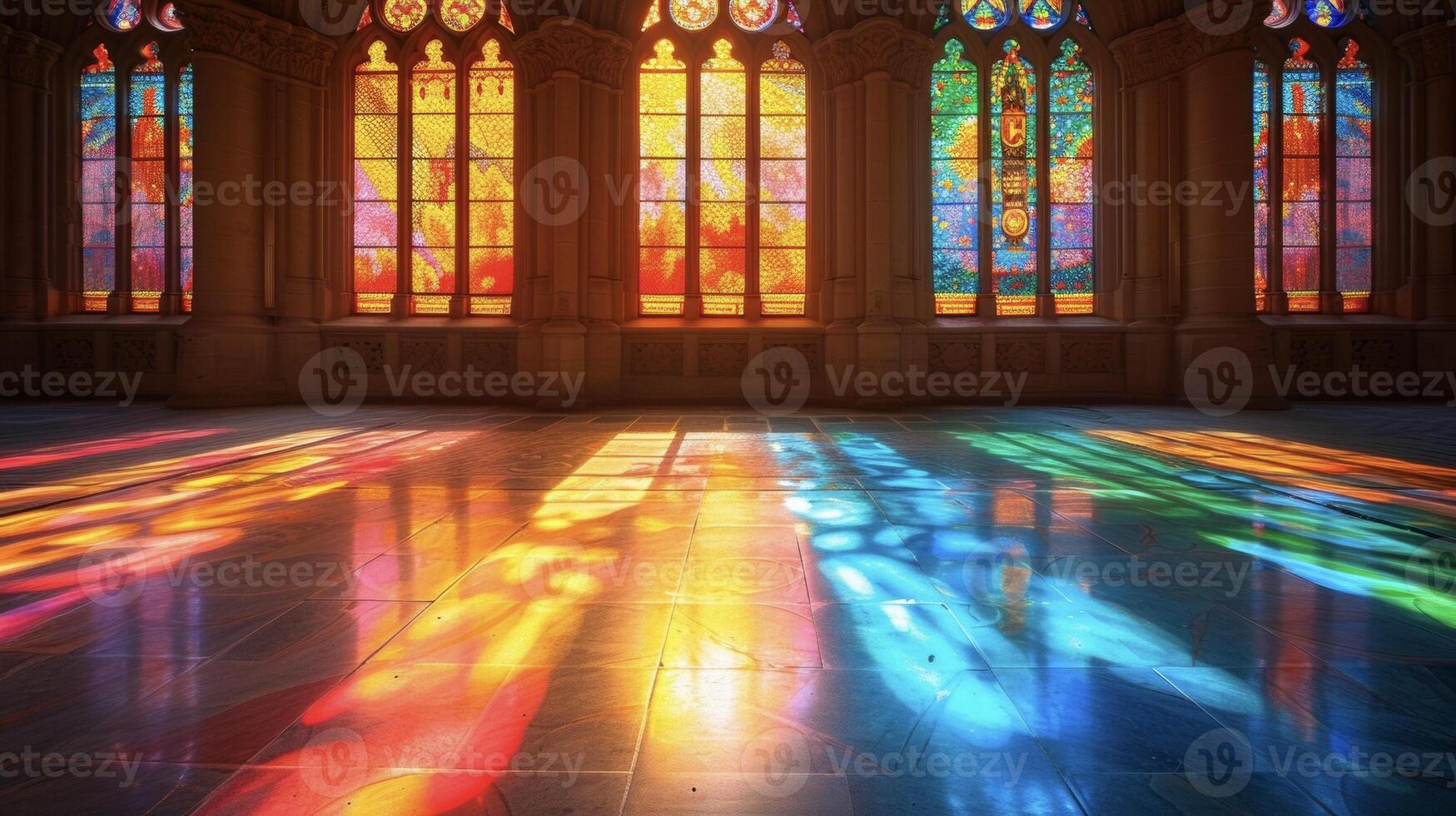 ein atemberaubend Foto von ein restauriert befleckt Glas Fenster fangen das Sonnenlicht und Gießen ein Regenbogen von Farben auf zu das Fußboden