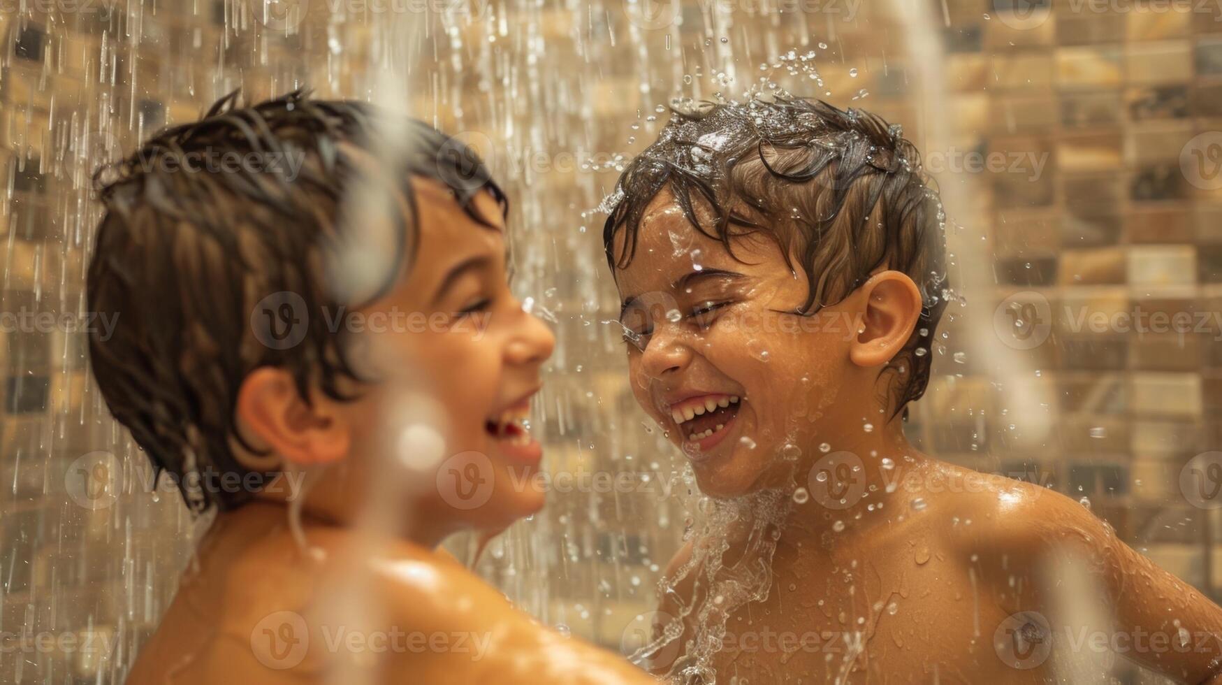 zwei jung Jungs Lachen wie Sie spielerisch Spritzen jeder andere mit Wasser von ein Regen Dusche im das Spas Hammam Zimmer. foto