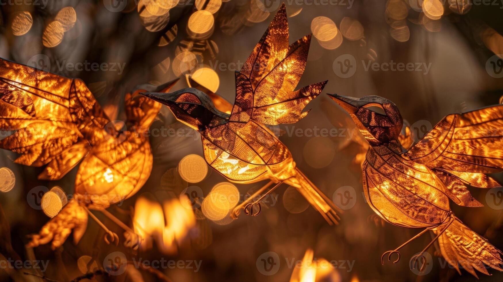 ein Trio von Metall Vögel scheint zu Kommen Sie am Leben im das warm glühen von das Feuer ihr Flügel Verbreitung breit wie wenn nehmen Flug. 2d eben Karikatur foto