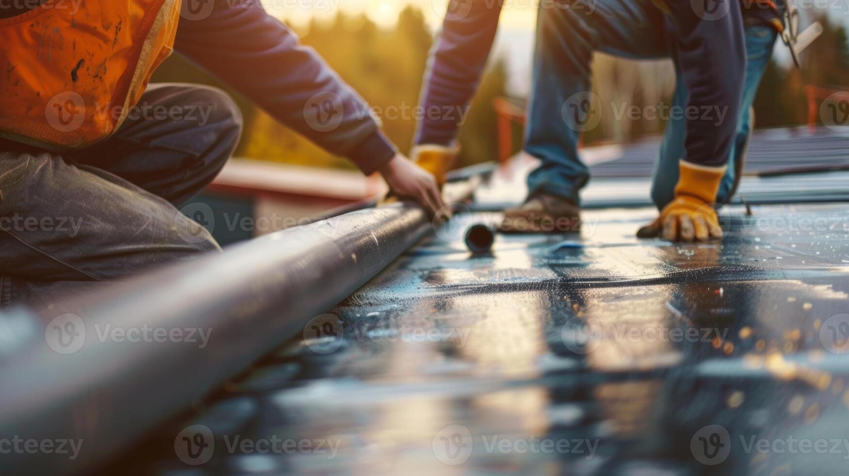 zwei Arbeitskräfte vorsichtig Abrollen groß Blätter von Überdachung Material auf das Dächer Kante Vor Sicherung Sie in Platz foto