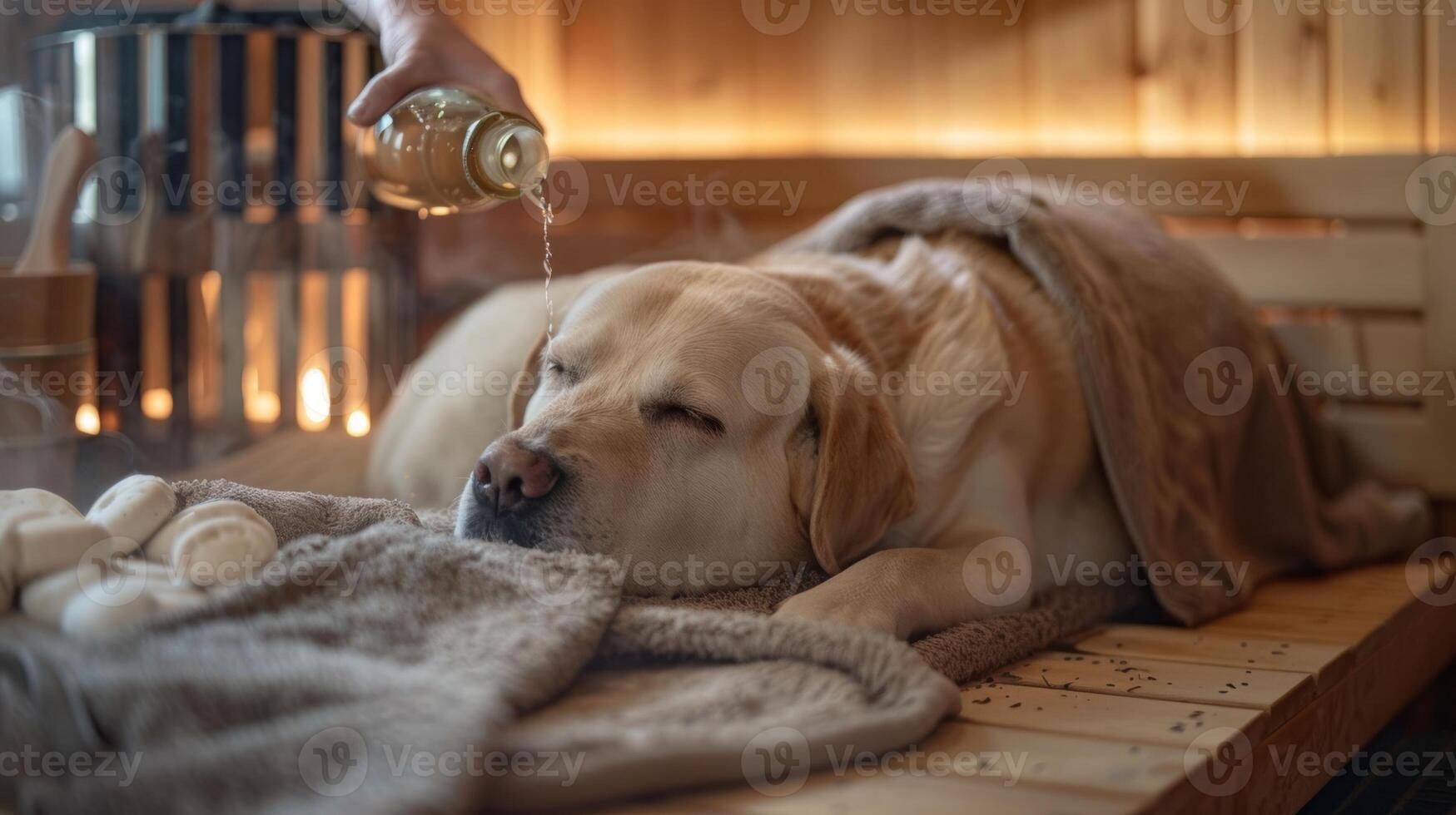 ein Hund zusammengerollt oben bequem auf ein Handtuch während es ist Inhaber gießt Wasser auf erhitzt Felsen im das Sauna. foto